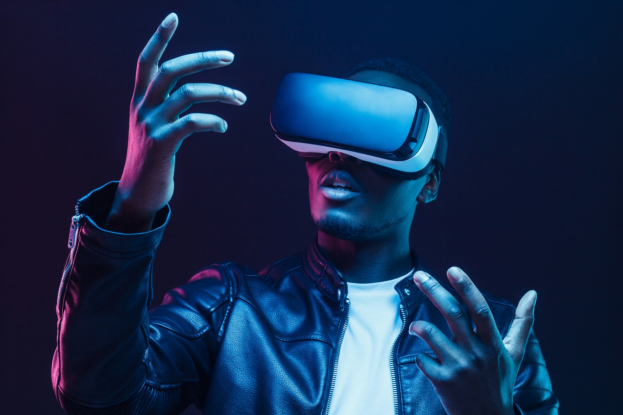 African man wearing virtual reality headset